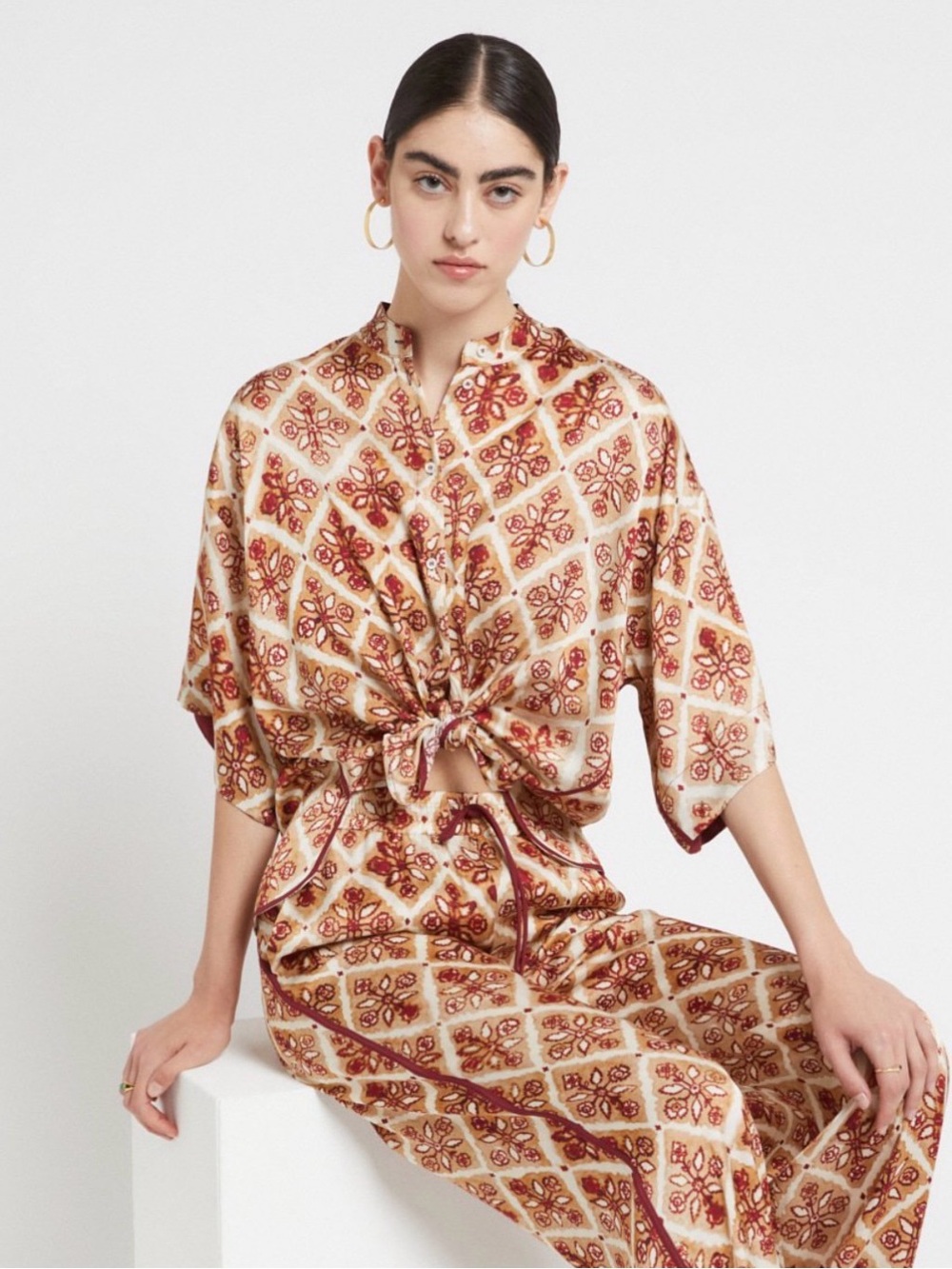 Ottod’Ame Printed Viscose Button Front Shirt Top Cream and Rust size 8